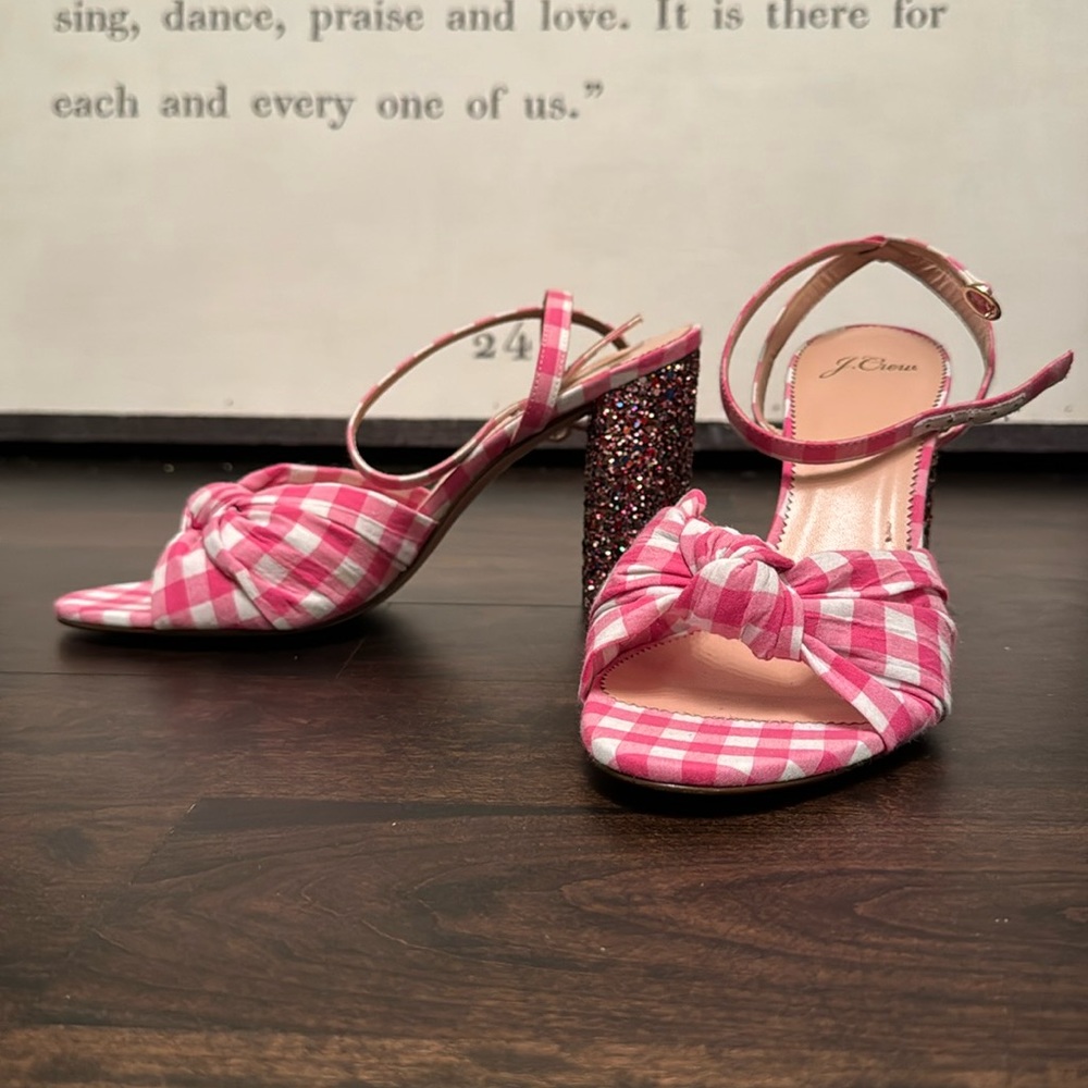 NIB J Crew Collection Stella sandal in pink gingham with glitter block heels